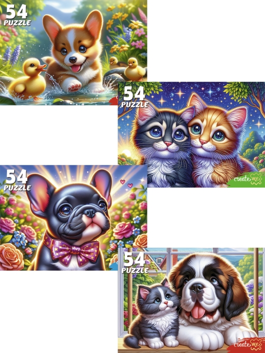 Пазлы 54 "Котята с щенками"