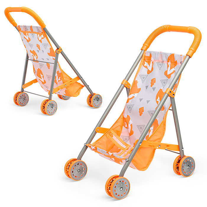 Коляска кукольная CS7932 (металлическая, складная, цвет оранжевый, с принтом) в пакете