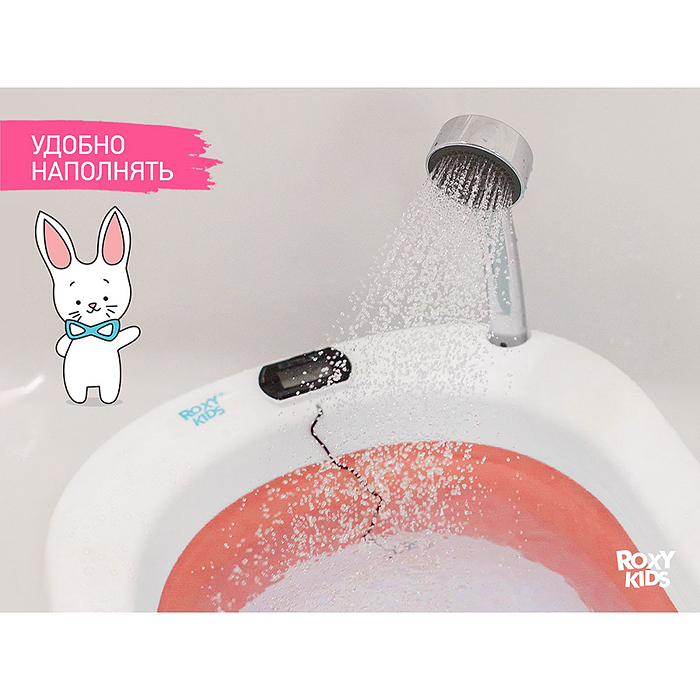 Фото к товару Ванночка складная с термометром и матрасиком "Киты", розовая Ванночка складная с термометром и матрасиком "Киты", розовая