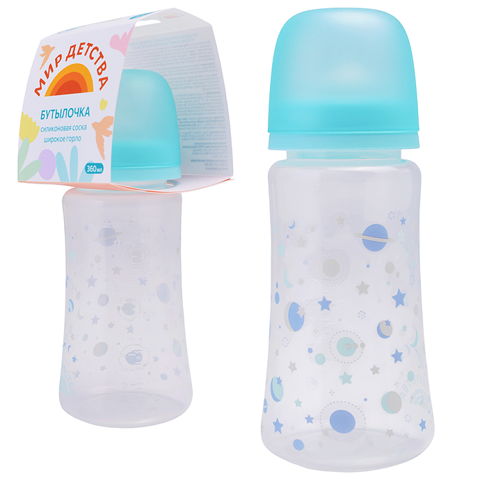 Бутылочка для кормления "Зверята" с широким горлом и  силиконовой соской молочной, 360 мл
