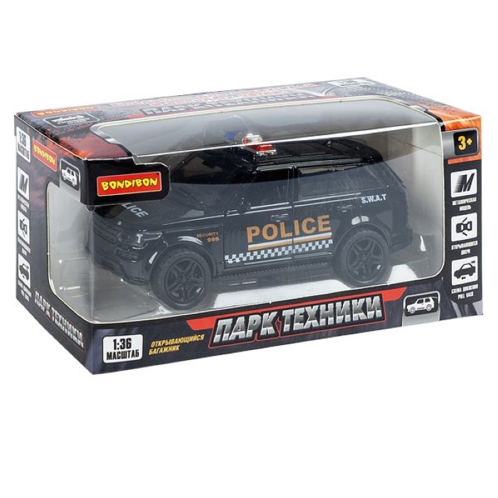 Машина метал. инерционная, М1:36, 3 открыв. двери "Парк Техники" джип полиции черный Машина метал. инерционная, М1:36, 3 открыв. двери "Парк Техники" джип полиции черный