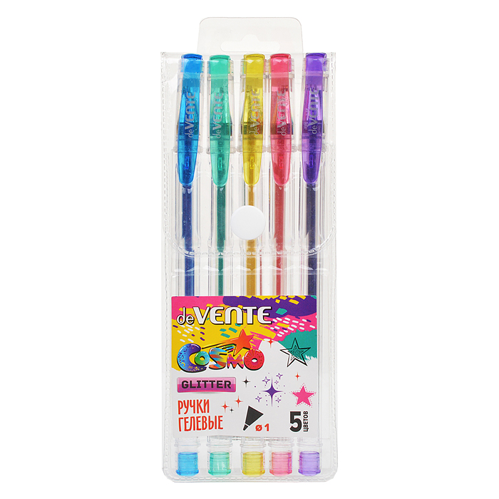 Набор ручек гелевых 5 цв. с блестками "Cosmo Glitter" d=1 мм, прозрачный корпус с мета