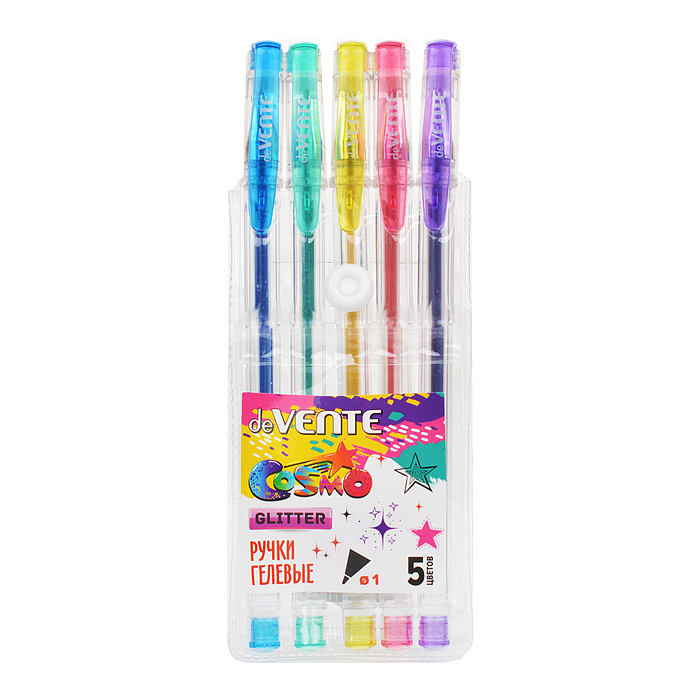 Фото к товару Набор ручек гелевых 5 цв. с блестками "Cosmo Glitter" d=1 мм, прозрачный корпус с мета Набор ручек гелевых 5 цв. с блестками "Cosmo Glitter" d=1 мм, прозрачный корпус с мета