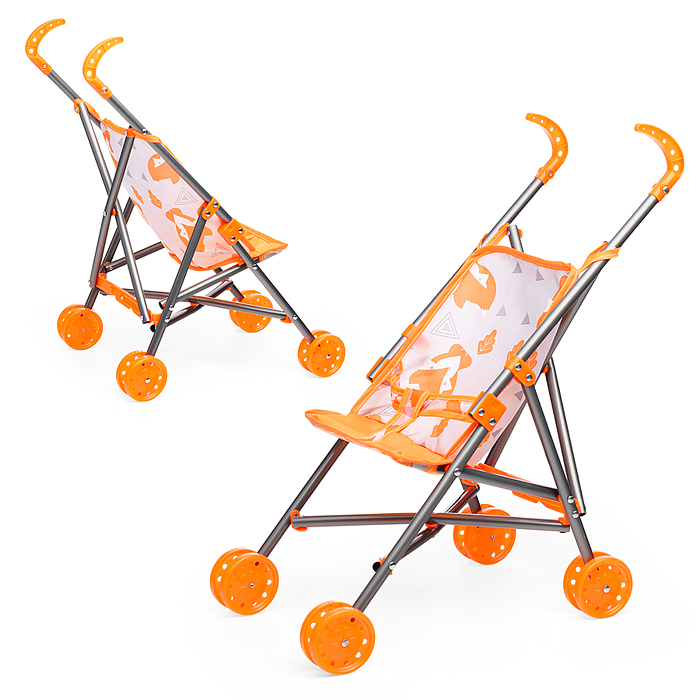 Коляска кукольная CS7917S (металлическая, трость, складная, цвет оранжевый) в пакете
