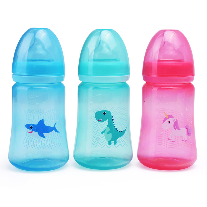 Бутылочка широкое горло "Цветные" с силиконой соской без ручек 250 мл