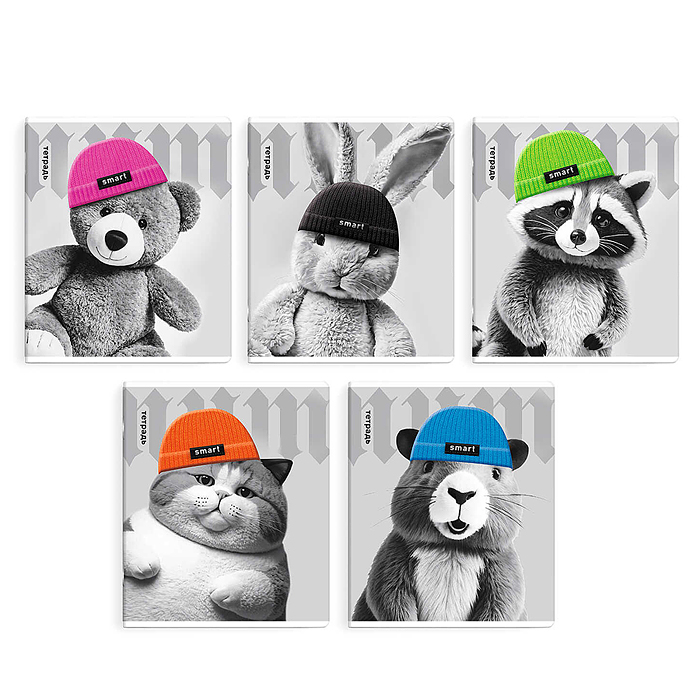 Тетрадь 48 л, клетка "Звери в шапочках" А5+, мягкий переплёт