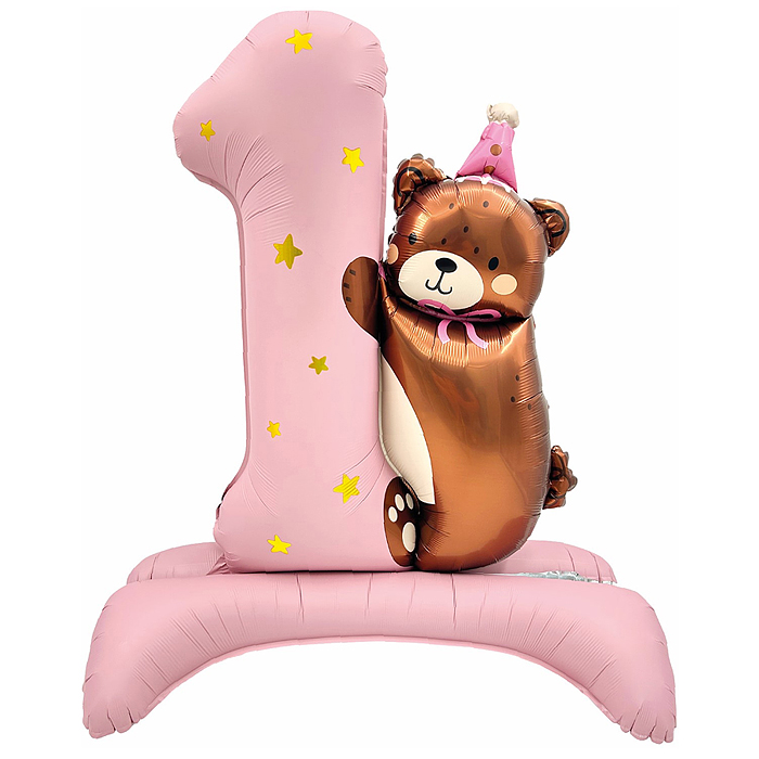 Шар (35''/89 см) Цифра, 1 Годик, Мишка в колпачке, Розовый, Сатин, 1 шт. в уп.