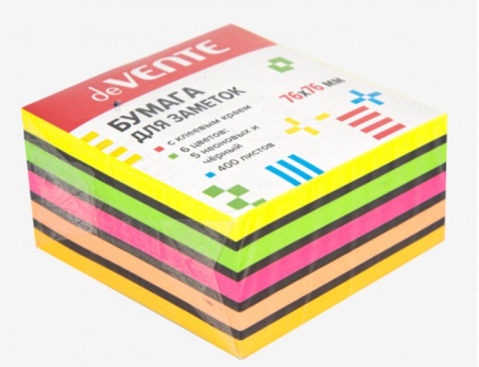 Клейкая бумага для заметок 76x76 мм, 400 листов, офсет 75 г/м², 5 неоновых цветов и черный цвет