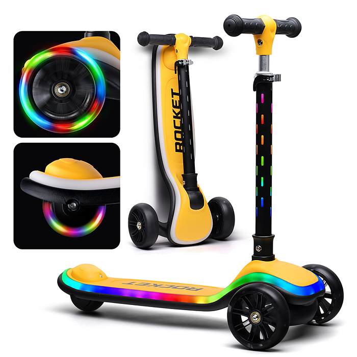 Самокат трёхколёсный R0200 ROCKET светящиеся колеса PU, дека, рулевая стойка, цвет жёлто-чёрный в па