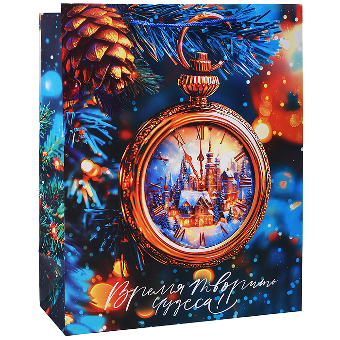 Бумажный пакет для сувенирной продукции с ламинацией, с шириной основания 26 cм.