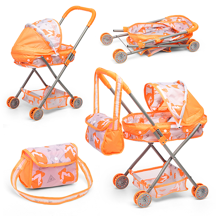 Коляска кукольная CS7916G (металлическая, с капюшоном, сумкой и корзинкой, цвет оранжевый, с принтом