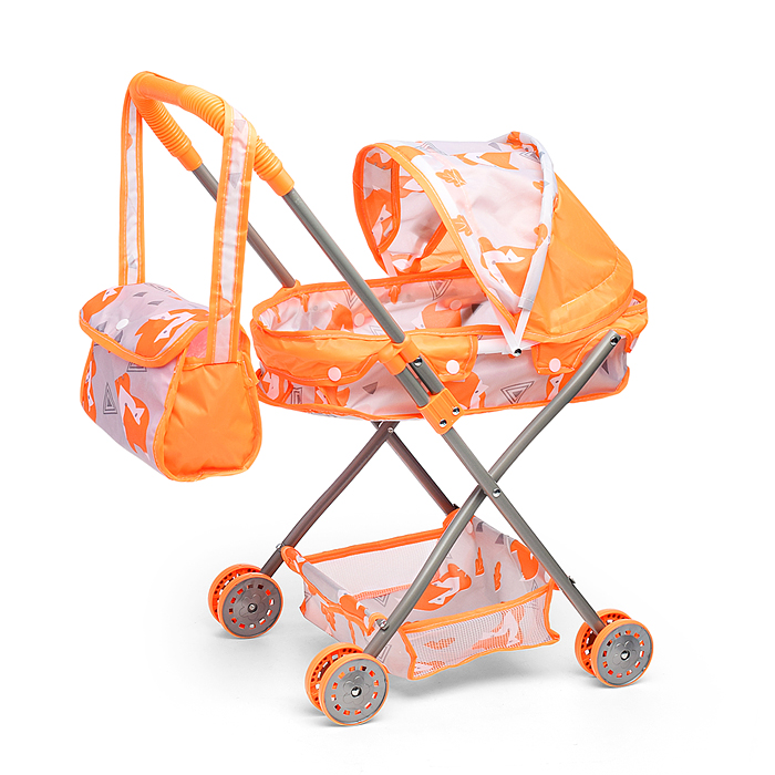 Фото к товару Коляска кукольная CS7916G (металлическая, с капюшоном, сумкой и корзинкой, цвет оранжевый, с принтом Коляска кукольная CS7916G (металлическая, с капюшоном, сумкой и корзинкой, цвет оранжевый, с принтом