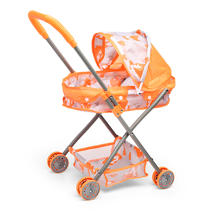 Фото к товару Коляска кукольная CS7916G (металлическая, с капюшоном, сумкой и корзинкой, цвет оранжевый, с принтом Коляска кукольная CS7916G (металлическая, с капюшоном, сумкой и корзинкой, цвет оранжевый, с принтом