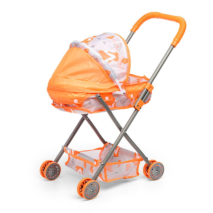 Фото к товару Коляска кукольная CS7916G (металлическая, с капюшоном, сумкой и корзинкой, цвет оранжевый, с принтом Коляска кукольная CS7916G (металлическая, с капюшоном, сумкой и корзинкой, цвет оранжевый, с принтом