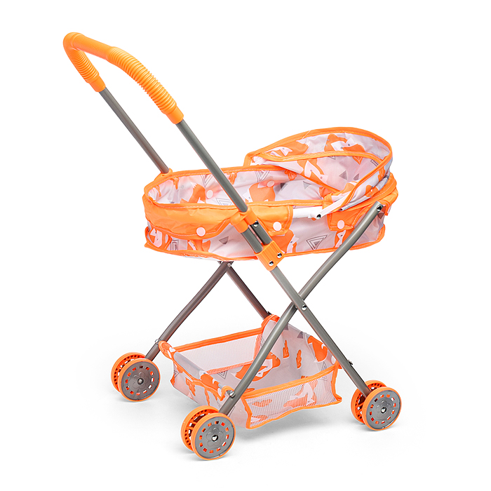 Фото к товару Коляска кукольная CS7916G (металлическая, с капюшоном, сумкой и корзинкой, цвет оранжевый, с принтом Коляска кукольная CS7916G (металлическая, с капюшоном, сумкой и корзинкой, цвет оранжевый, с принтом
