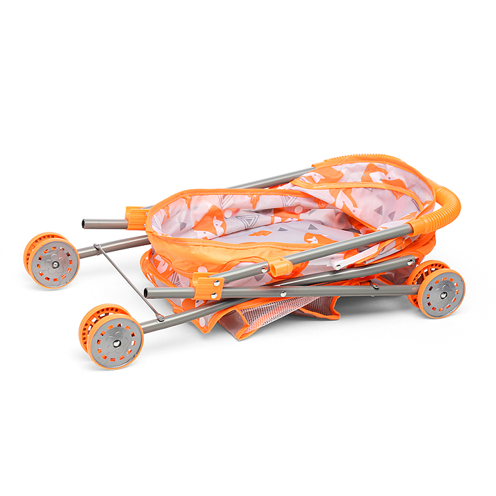 Фото к товару Коляска кукольная CS7916G (металлическая, с капюшоном, сумкой и корзинкой, цвет оранжевый, с принтом Коляска кукольная CS7916G (металлическая, с капюшоном, сумкой и корзинкой, цвет оранжевый, с принтом