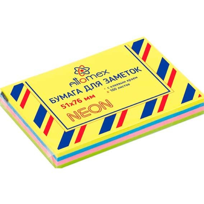 Клейкая бумага для заметок 51x76 мм, 100 листов, офсет 75 (70) г/м², 4 неоновых цвета