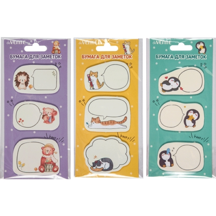 Набор клейкой бумаги для заметок "Cat, Penguin, Hedgehog" 55x55 мм, 3x20 листов
