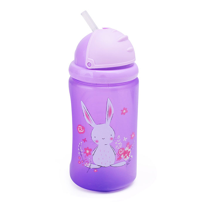 Поильник-непроливайка с силиконовой трубочкой, без ручек "Зайка" фиолетовый, 400 мл, 12+,