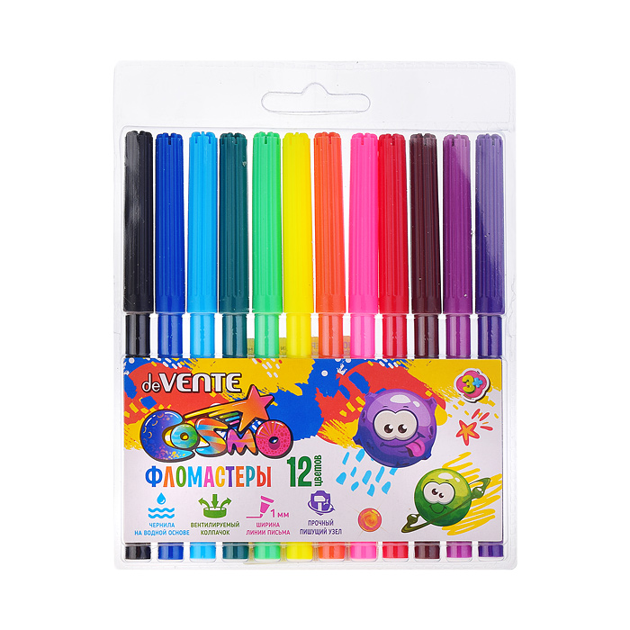 Фломастеры "Cosmo" 12 цветов с вентилируемым колпачком, в пластиковом блистере Фломастеры "Cosmo" 12 цветов с вентилируемым колпачком, в пластиковом блистере