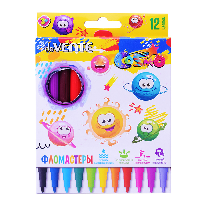 Фломастеры "Cosmo" 12 цветов с вентилируемым колпачком, в картонной коробке с подвесом
