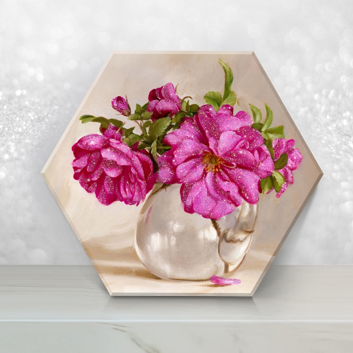 Картина по номерам 37х32 "Бузин. Розовый букет" с кристаллами из хрусталя Гексагон (17  цветов)