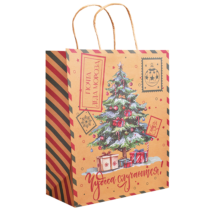 Пакет из крафт-бумаги для сувенирной продукции, с шириной основания 26 см, плотность бумаги 150 г/м