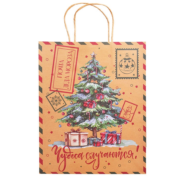 Пакет из крафт-бумаги для сувенирной продукции, с шириной основания 26 см, плотность бумаги 150 г/м