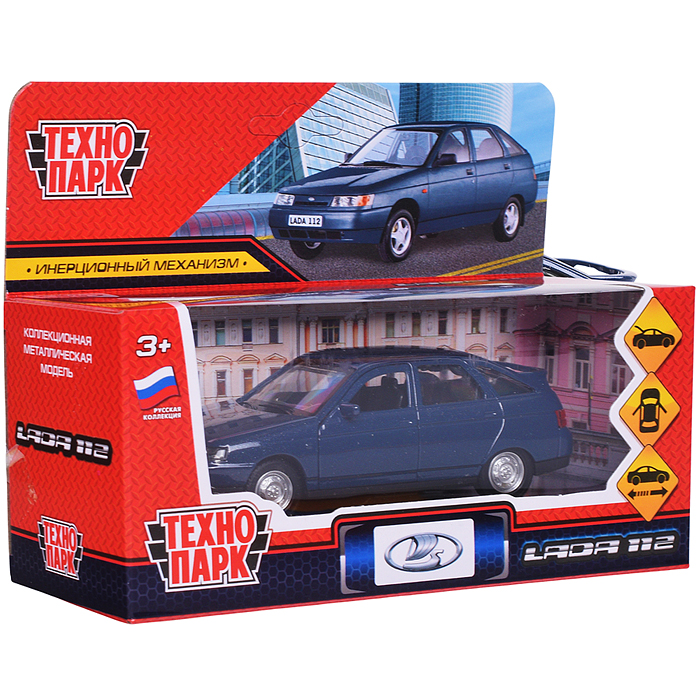 Машина металл Ваз-2112 12 см. (двери, багаж, темно-серый) в коробке