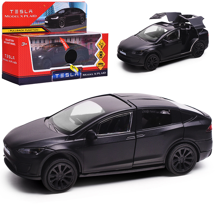 Машина металл. свет-звук tesla model x plaid 12 см, двери, черный мат, в коробке 