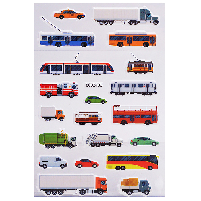 Наклейки мягкие "Транспорт" размер карточки 10x15 см, puff, объемные, многоразовые