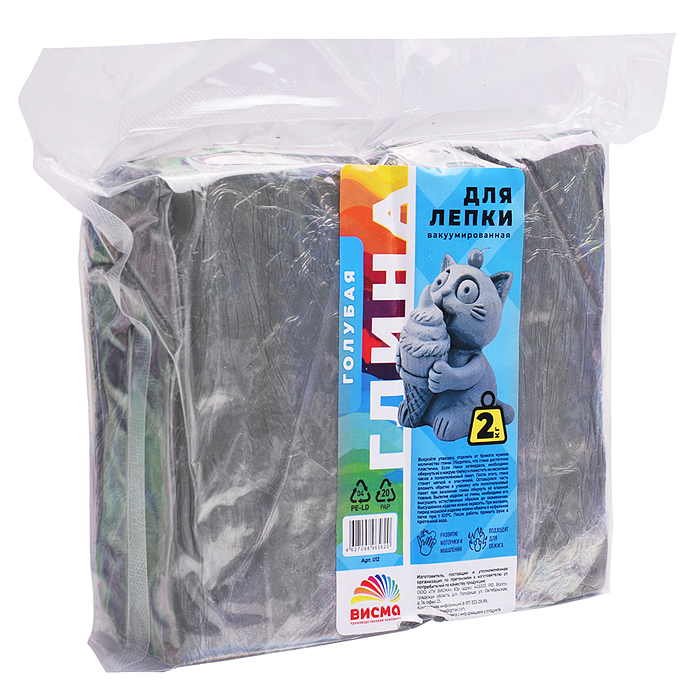 Глина для лепки вакуумированная, голубая 2 кг, 