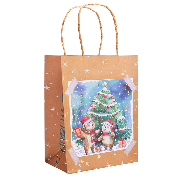 Пакет из крафт-бумаги для сувенирной продукции, с шириной основания 18см, плотность бумаги 150 г/м