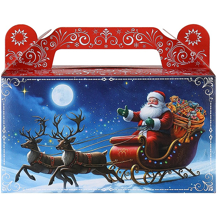 Фото к товару Коробка для конфет "Дед Мороз везет подарки" 500г Коробка для конфет "Дед Мороз везет подарки" 500г