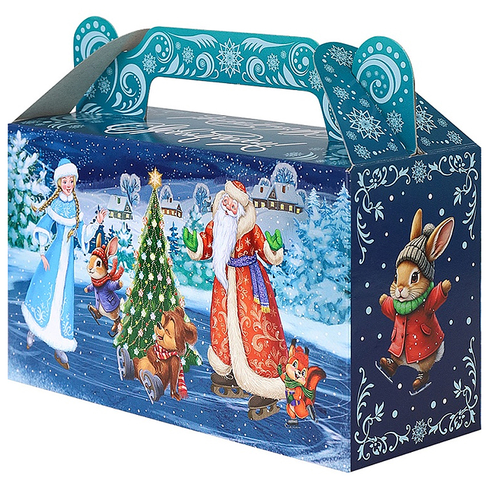 Коробка для конфет Сундучок "Дед Мороз и лесные звери на катке" 500г