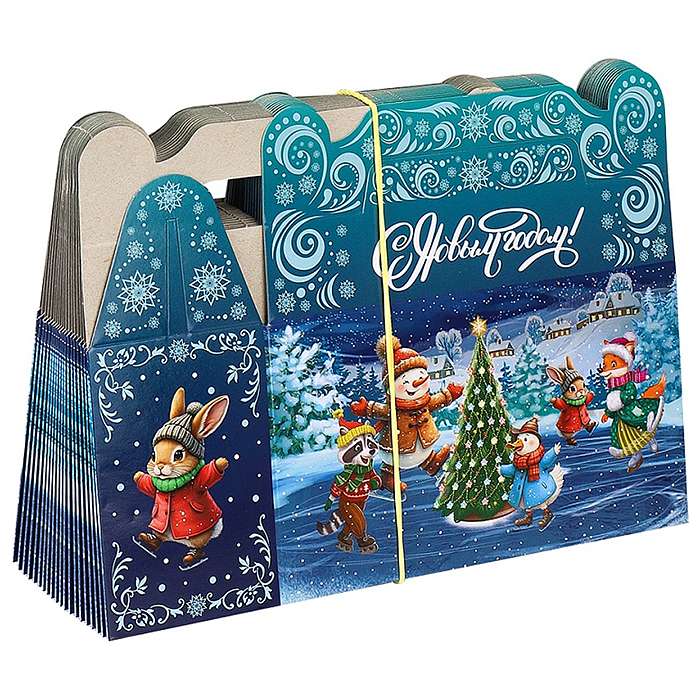 Коробка для конфет Сундучок "Дед Мороз и лесные звери на катке" 500г