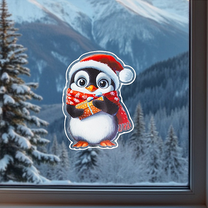 Силиконовая новогодняя наклейка "Новогодний пингвин" 20*25 см 