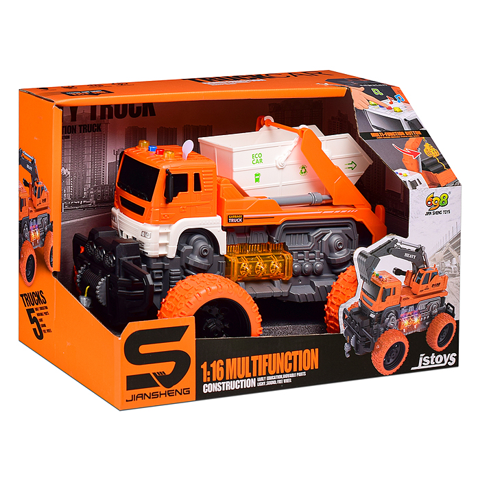 Фото к товару Машина JS107BS "Эко-мусоровоз" 1:16 (свет, звук) в коробке (цвет оранжевый) Машина JS107BS "Эко-мусоровоз" 1:16 (свет, звук) в коробке (цвет оранжевый)