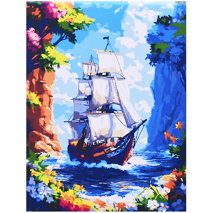 Холст с красками 30x40 по номерам "Корабль у скалистого острова" в коробке (30цв.) 
