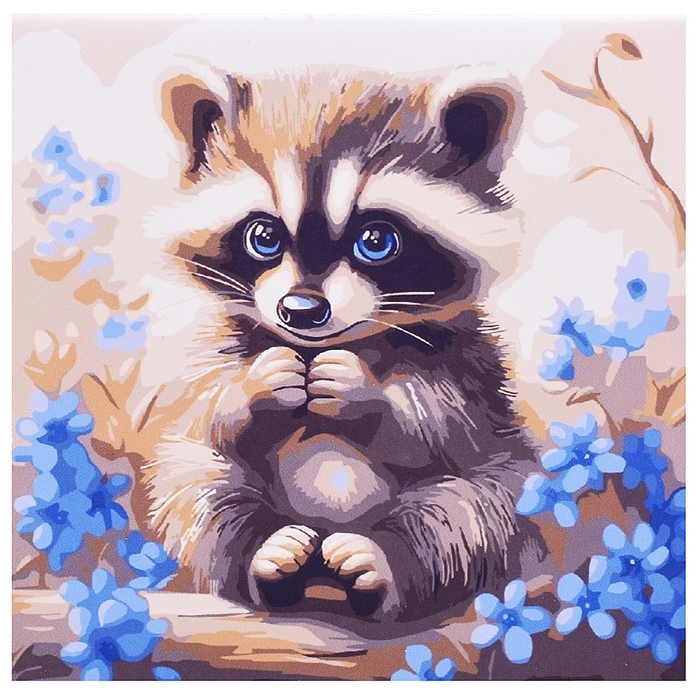 Холст с красками 20х20 по номерам "Голубоглазый енотик" в коробке (16цв.) 