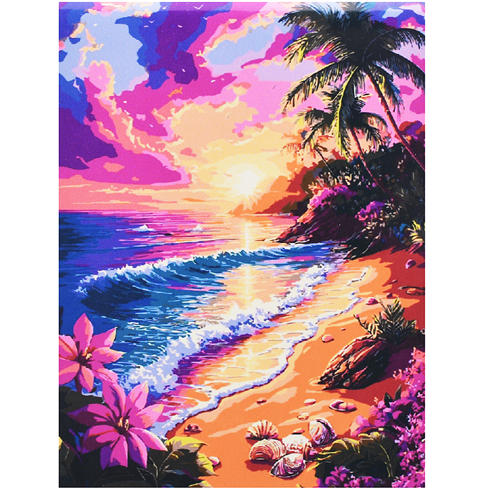 Холст с красками 30x40 по номерам "Розовый закат на острове" в коробке) (30цв.)