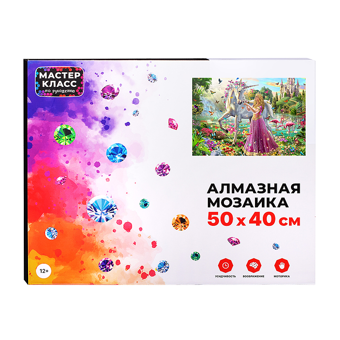 Фото к товару Мозаика алмазная MKA5040-63 "Принцесса и единорог" 40*50см. Мозаика алмазная MKA5040-63 "Принцесса и единорог" 40*50см.