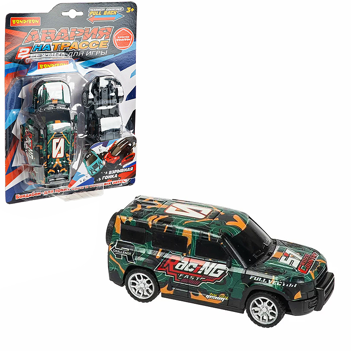 Машинка пластмассовая инерционная "Авария на трассе" Джип хаки  (pull back) CRD 25x18,2x5,2см