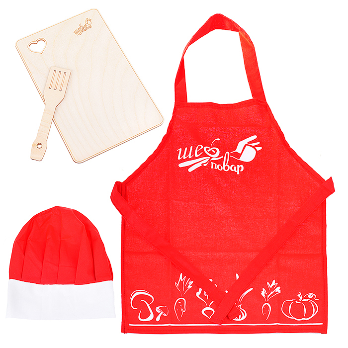 Фото к товару Набор Шеф-повар (фартук, колпак, доска, лопатка) х/б Набор Шеф-повар (фартук, колпак, доска, лопатка) х/б