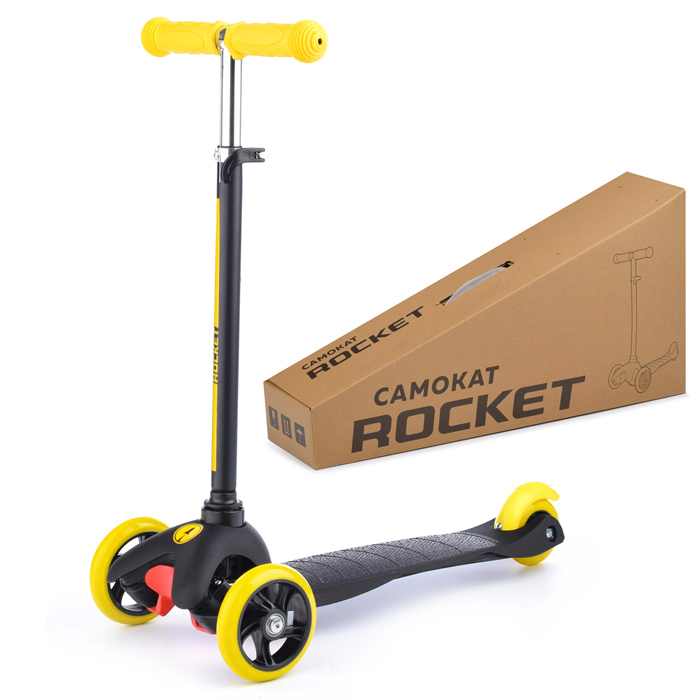 Самокат трёхколёсный ROCKET колёса PU, цвет желто-черный Самокат трёхколёсный ROCKET колёса PU, цвет желто-черный