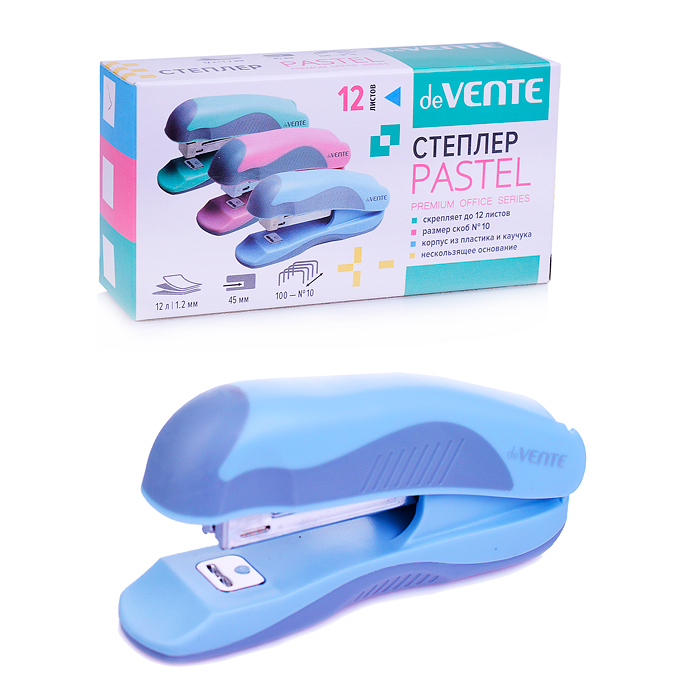Степлер "Pastel" № 10 (мощность 12 листов, глубина скрепления 45 мм) пластиковый с каучуков