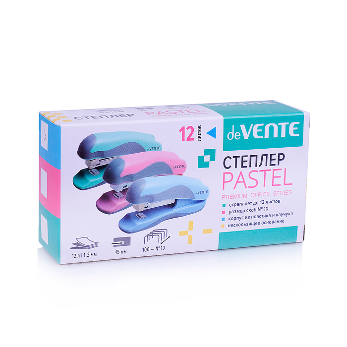 Фото к товару Степлер "Pastel" № 10 (мощность 12 листов, глубина скрепления 45 мм) пластиковый с каучуков Степлер "Pastel" № 10 (мощность 12 листов, глубина скрепления 45 мм) пластиковый с каучуков