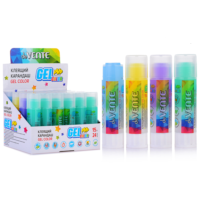 Клеящий карандаш PVP основа "Color Gel" 15 г гелевый цветной полупрозрачный, 4 цвета ассорт