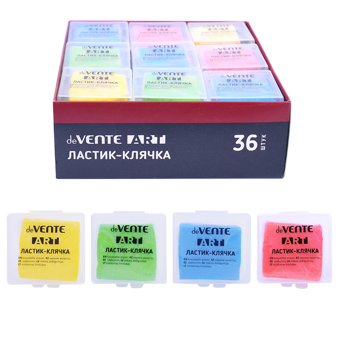 Ластик-клячка "Art" синтетический каучук, прямоугольный, ассорти 4 цвета, 40x40x10 мм, мягк