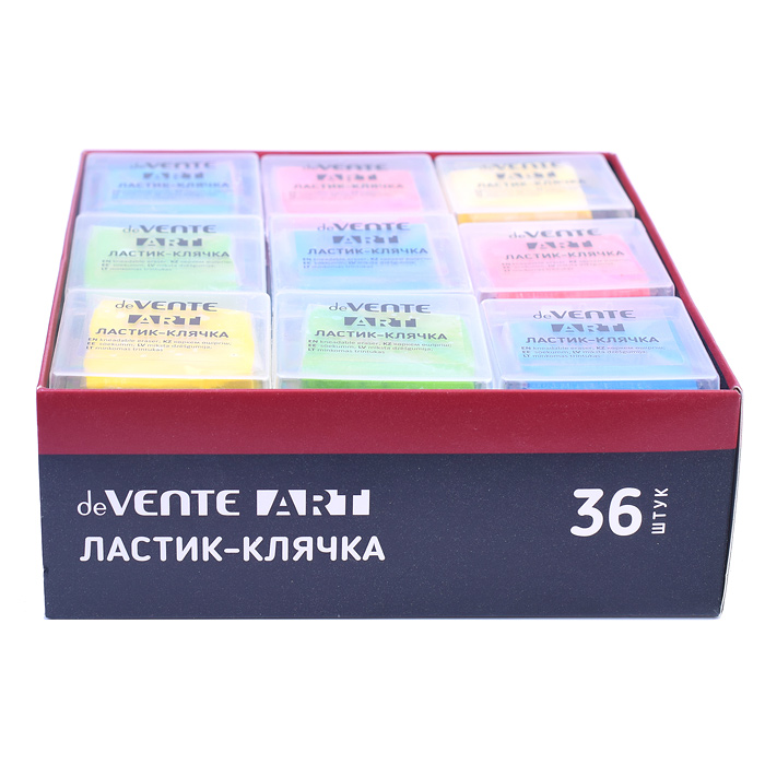 Ластик-клячка "Art" синтетический каучук, прямоугольный, ассорти 4 цвета, 40x40x10 мм, мягк